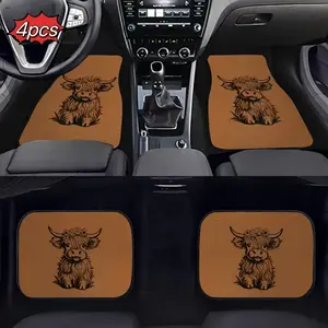 4-piece car floor mat set with cute Highland cow design - absorbent, non-slip, and washable - stylish interior protection for cars, trucks, and SUVs - made of durable polyester - perfect gift for men and women