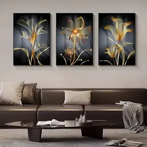 3-Piece Deep Blue Background Gold Line Flower Decor Poster, Modern Plant Wall Art, Bedroom Living Room Hallway Hanging Paintings, Fall Room Decoration