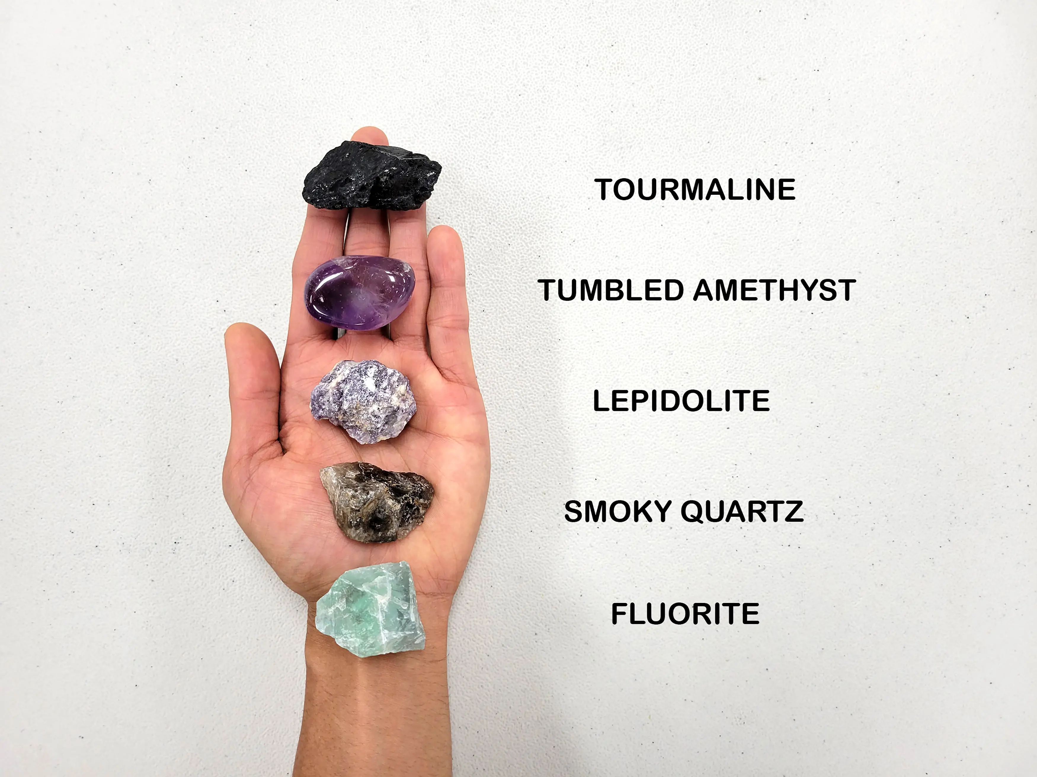 Crystals for Empath, Tourmaline Amethyst Lepidolite Smoky Quartz Fluorite, Crystal Set