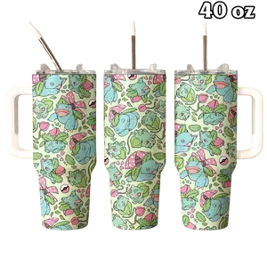 Green Bulbasaaur Pokemmon Pattern Tumbler 40oz & 30oz, Anime Gamer Water Bottle For Men Women, Insulated Travel Cup, Cute Birthday Gift Idea | 060426.R3056.ID00