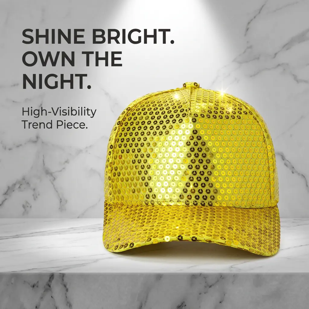 Sparkly Gold Sequins Baseball Hat Bling Nightclub Party Costume Adjustable Trendy Snapback Cap