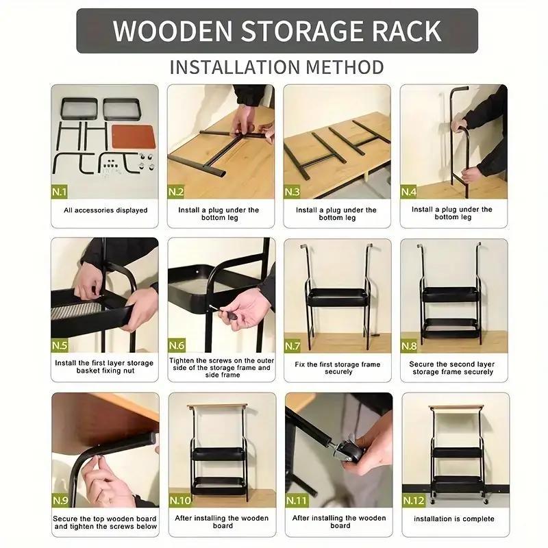 3-Tier Rolling Cart with Tabletop, Metal Tool and Snack Rack with Storage, Durable Carbon Steel Frame, Wheels for Easy Mobility, Perfect for Home or Office Use, Rolling Storage Cart