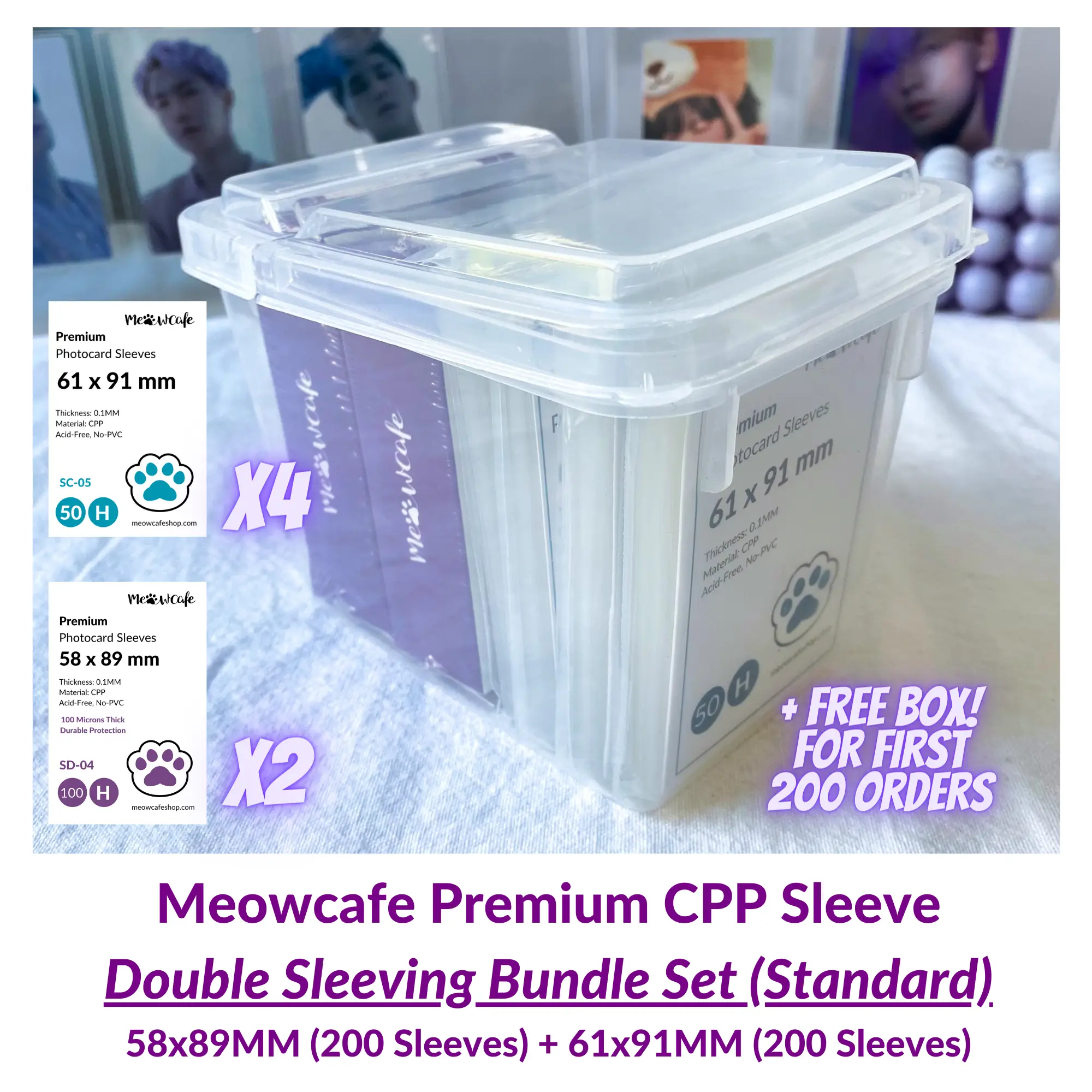 [Valued Bundle] Meowcafe Premium CPP Card Sleeve 400 Sleeves Double Sleeving Bundle Set of 200 * 58x89MM + 200 * 61x91MM Sleeves + FREE Sleeve Organiz