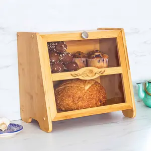 Totally Bamboo Farmhouse Bread Box - Extra Large Double-Layer Rustic Kitchen Storage Container with Magnetic Lock for Fresh Baked Goods