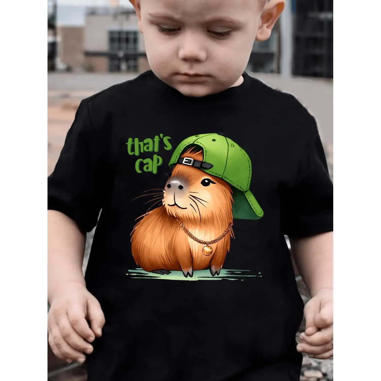 Stylish Summer Boys Short Sleeve TShirt Featuring Capybara with Hat Print Outdoor Casual Top