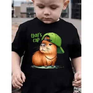 Stylish Summer Boys Short Sleeve TShirt Featuring Capybara with Hat Print Outdoor Casual Top