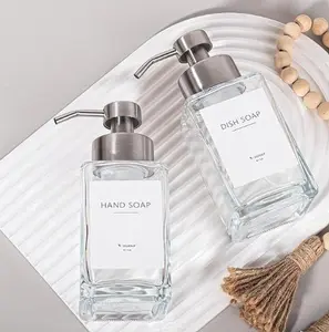 Foaming Soap Dispenser with Stainless Steel Pump 12oz Refillable Glass Liquid Dish Soap Bottles for Bathroom Kitchen Sink Home Decor