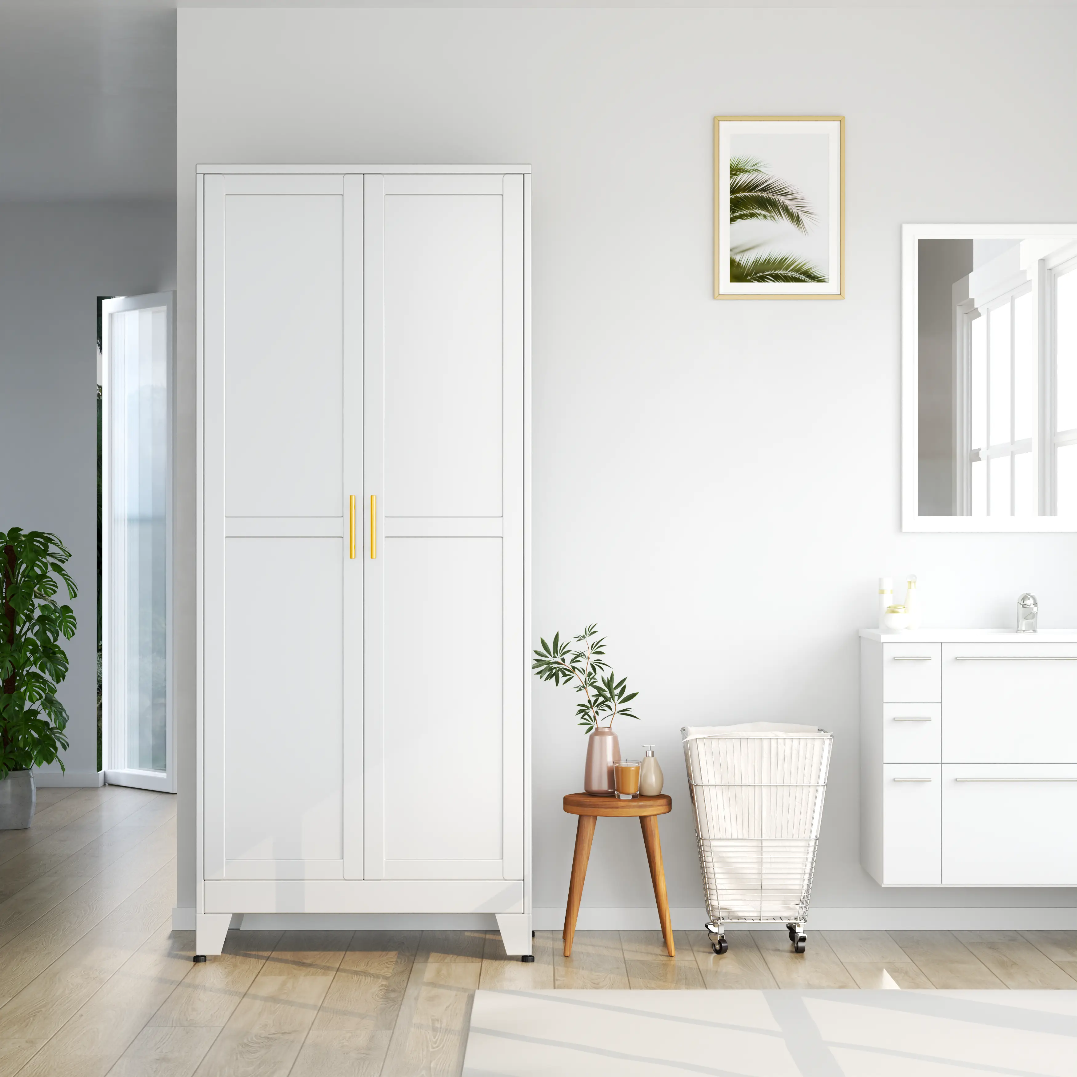 Metal Pantry Cabinet with 2 Doors and 5 Adjustable Shelves, 75" Kitchen Storage cabinets with Gold Handles, Versatile Storage for Laundry Room, Living