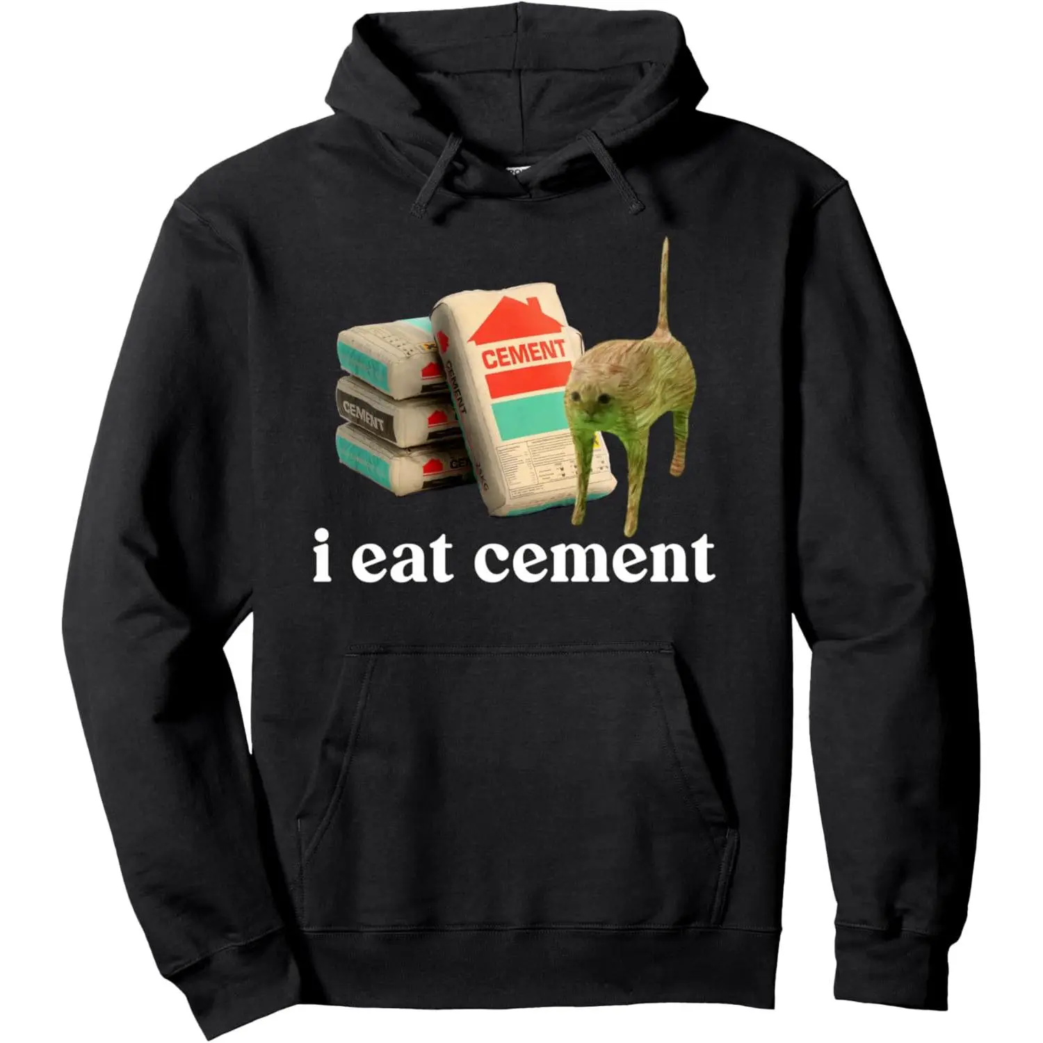 Men's "I Eat Cement" Cursed Cat Meme Pullover Hoodie, Casual Graphic Long Sleeve Sweatshirt with Kangaroo Pocket, Cored Cord and Metal Tip
