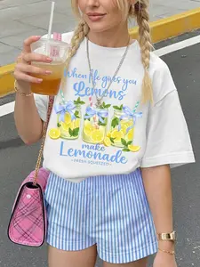 Lemonade Print T-Shirt & Blue Striped Shorts Matching Set, Summer Casual Sweet Girl Style Two-Piece, Outfit, Leaf Print Design, Womenswear