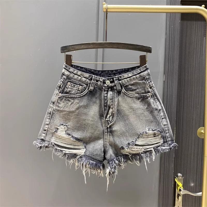Worn Legs with Rough Edges Washed Black Denim Shorts