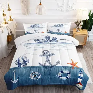 Nautical Sailboat Comforter Set for Kids and Adults, Queen Size Rudder Themed Bedding Comforter with 2 Ocean Plant Patterned Pillowcases - 90"x90" (Queen, Dark Blue)