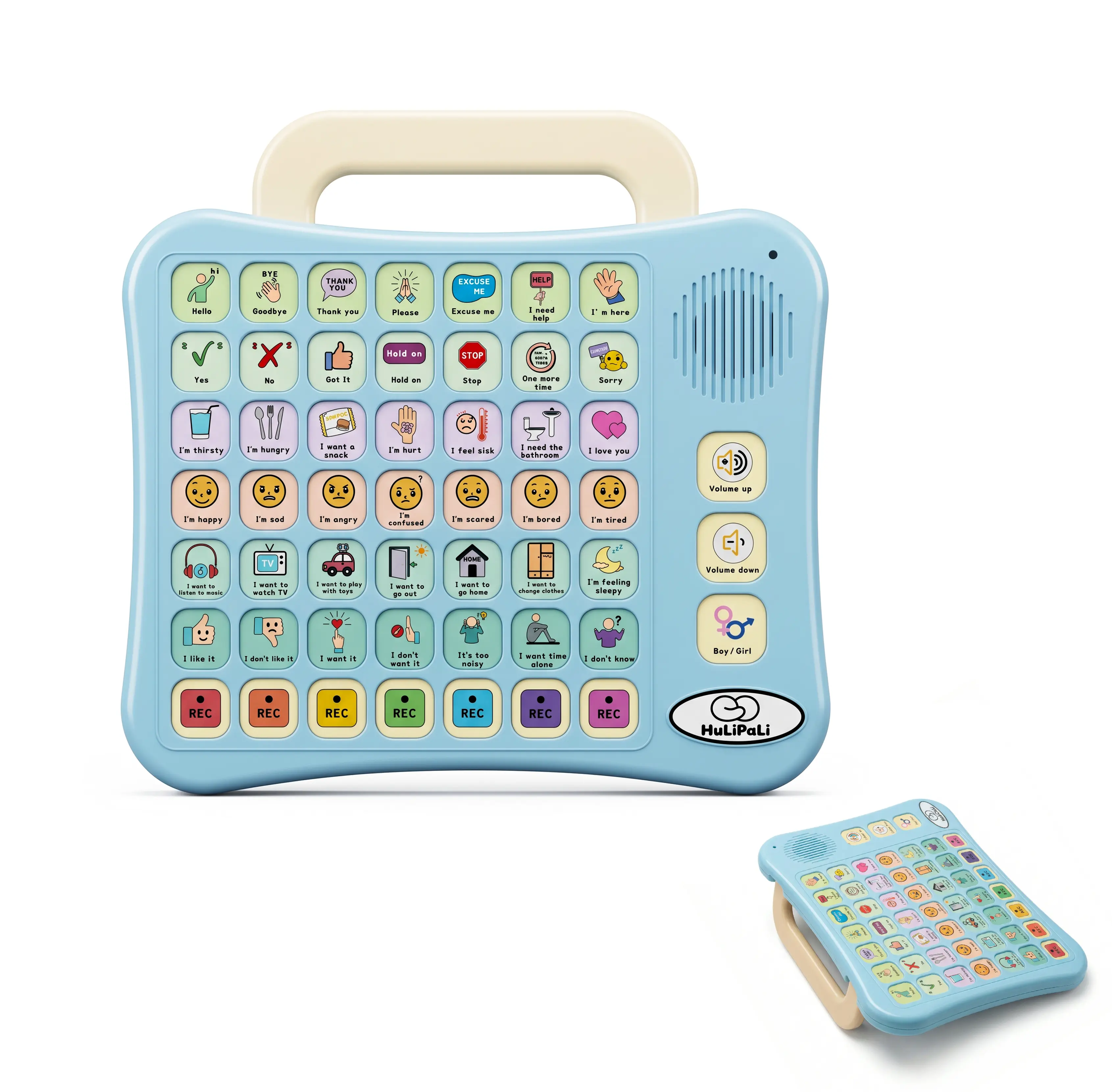HuLiPaLi Durable Plastic AAC Device Toy Tablet for Nonverbal Autistic Kids, 42 Preset Phrases, 7 Programmable Recordable Buttons, 7-Color Visual Learning System, Adjustable Volume, Flip-to-Stand Multifunction for Speech Therapy