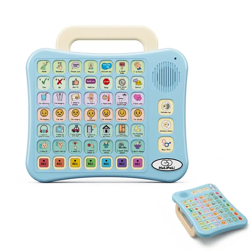 HuLiPaLi Durable Plastic AAC Device Toy Tablet for Nonverbal Autistic Kids, 42 Preset Phrases, 7 Programmable Recordable Buttons, 7-Color Visual Learning System, Adjustable Volume, Flip-to-Stand Multifunction for Speech Therapy
