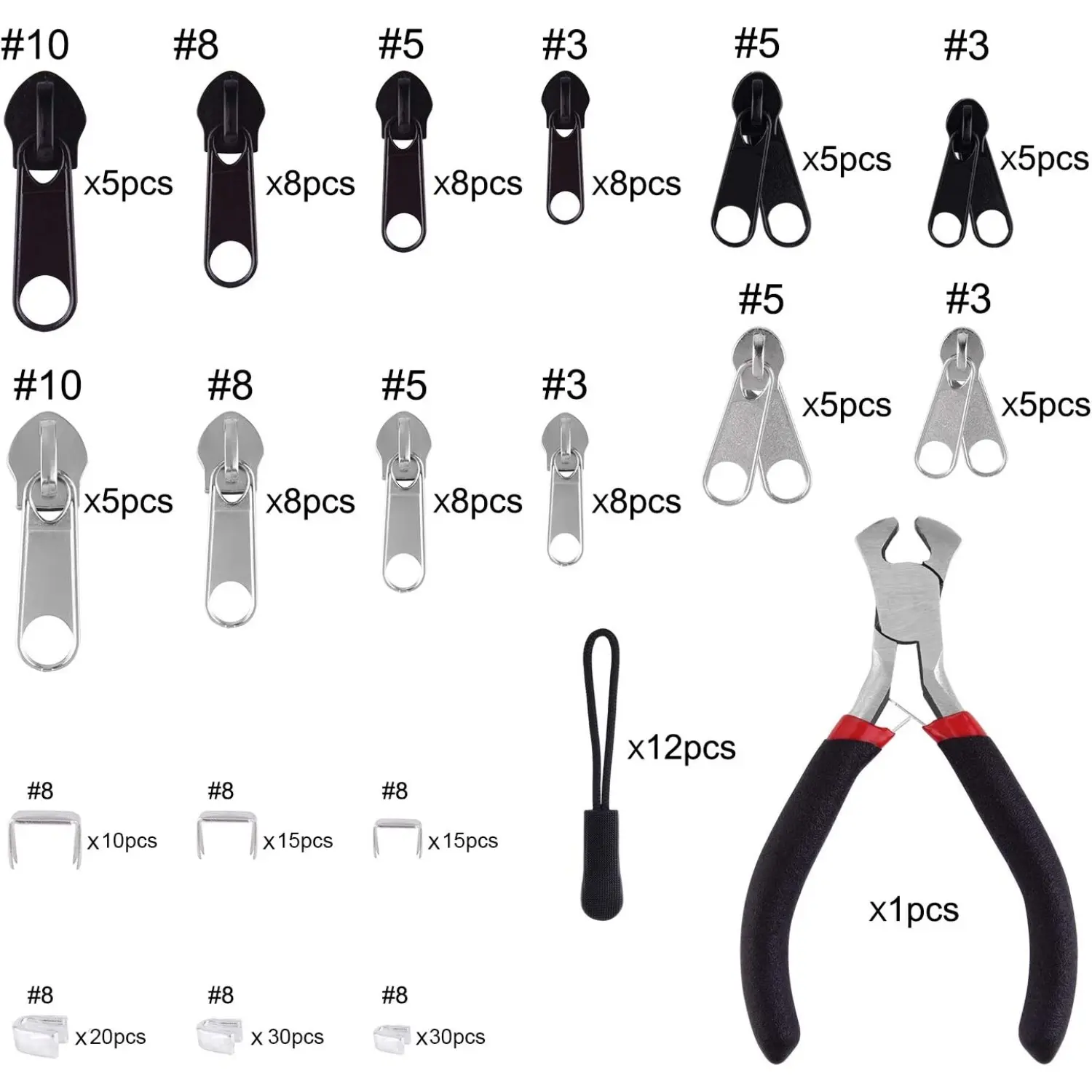 211-Piece Multi-Size Top Zipper Bag Repair Kit with Zipper Installation Plier for DIY Bags, Luggage (Silver, Black) Swivel Button, Double Zipper, Bottom Stopper