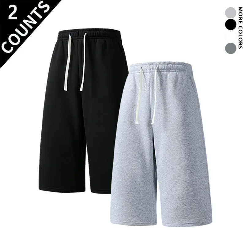 Men’s 2-Pack Casual Cotton Fleece Sweat Shorts, Elastic Waist with Drawstring, Loose Plain Fit Menswear Loungewear, Black + Light Gray for Everyday Wear