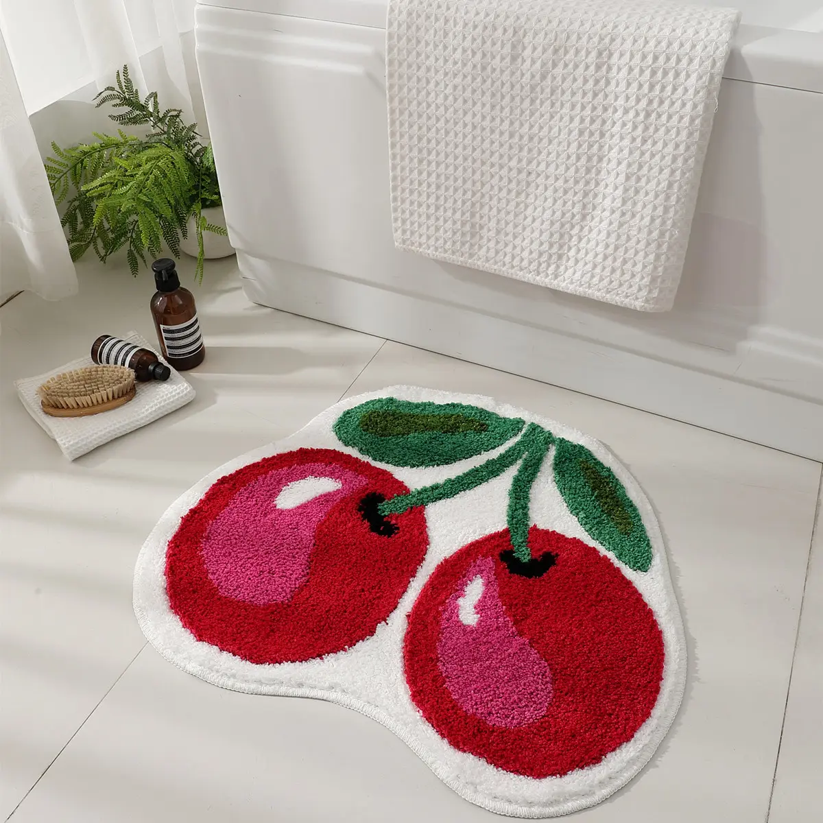 Cherry Fruit Shaped Tufted Bath Mat - Non Slip, Cozy, Plush Fuzzy Shower Rugs for Bathroom, Water Absorbent Bathmat for Living Room Decor