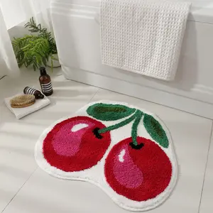 Cherry Bath Mat Cute Fruit Shaped Non Slip Absorbent Rug for Bathroom Living Room & Bedroom Luxury Funky Plush Shower Mat - Bathmat