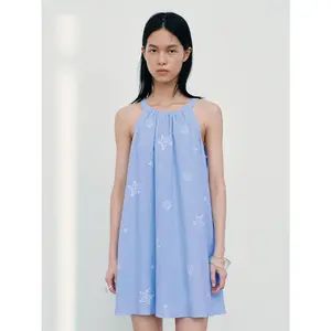 URBAN REVIVO Women's 2026 Summer Sleeveless Boho Outfits Beach Resort Dress, Thin Linen-Cotton-Viscose Fabric, Embroidered Tie-Waist Skirt-Style Clothes, UYL760044