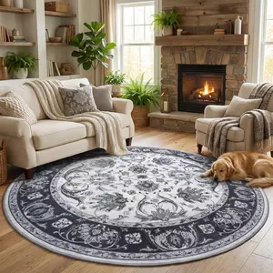 Round Rug 5ft Washable Circle Soft Rug - Low Pile Vintage 5'Round Indoor Beige Floral Print Stain Resistant Boho Carpet Ultra-Thin Non-Slip for Living Room Bedroom Dining Room Kitchen
