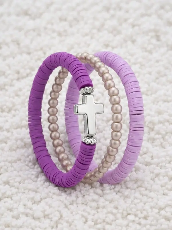 Handmade Beaded Cross Bracelet Stack-Trendy 3-Piece Layered Heishi & Wood Charm Bracelets - Cute Boho Faith Jewelry
