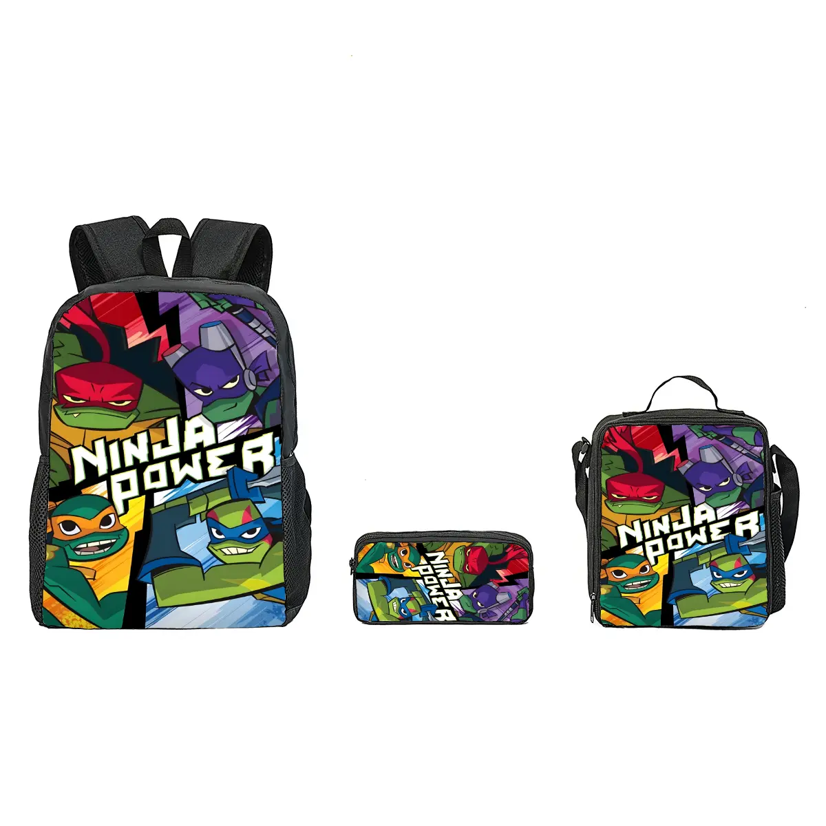 3-Piece Backpack Set for Kids & Teens, Aesthetic TMNT Graphic Print School Bookbag with Insulated Lunch Bag & Pencil Case, Lightweight for Back to School, Travel & Sleepovers, Back To School Haul