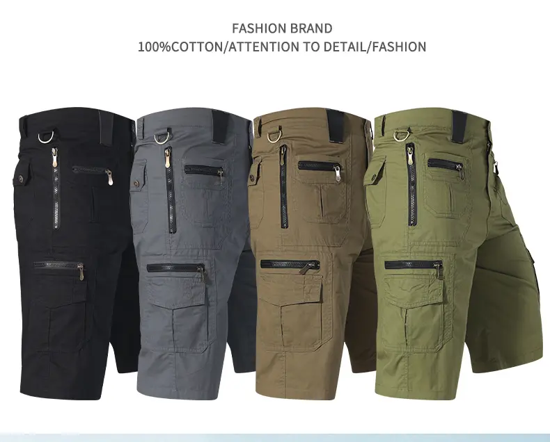 Men’s summer cargo shorts with multiple pockets, 100% cotton, abrasion-resistant, for outdoor hiking and casual wear, zippered tactical mid-length shorts