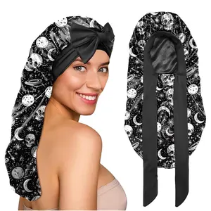 Silk Long Satin Hair Bonnet for Sleeping Adjustable Double Layer Elastic  Long Hair Caps Cute Women Girls-Star