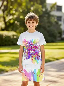 Boys' 3D Short Sleeve Set American Style the Amazing Digital Circus Full-Print, Summer Outdoor Wear, Holiday Gift, Birthday Present
