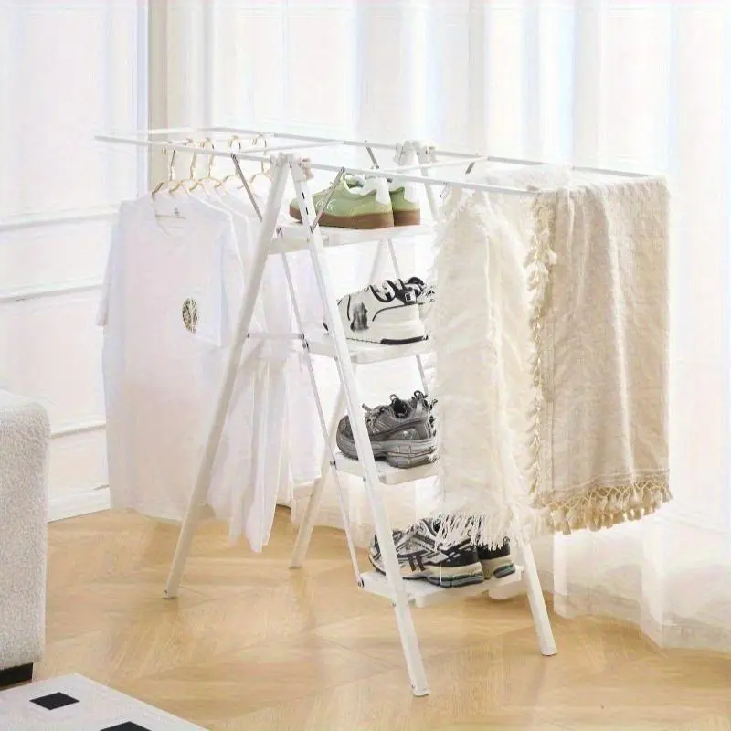 White Lightweight Metal 3-Step/4-Step Folding Ladder - 600lbs Load Capacity, Convertible to Laundry Drying Rack, Suitable for Home & Kitchen Use