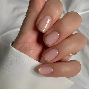 Stbisen Press On Nails Short Square, Pink Fake Nails with French Tips and Gold Border Accent Glitter Designs, Glossy Gel Finish Acrylic Nails Press Ons Short, Thick Natural Reusable Glue On Nails Kit