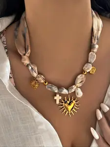 Fashion Cloth Necklace, Luxury Stainless Steel Flower Heart Cross Pendant, Silk Scarf Chain, Perfect for Parties, Gifts, Daily Wear