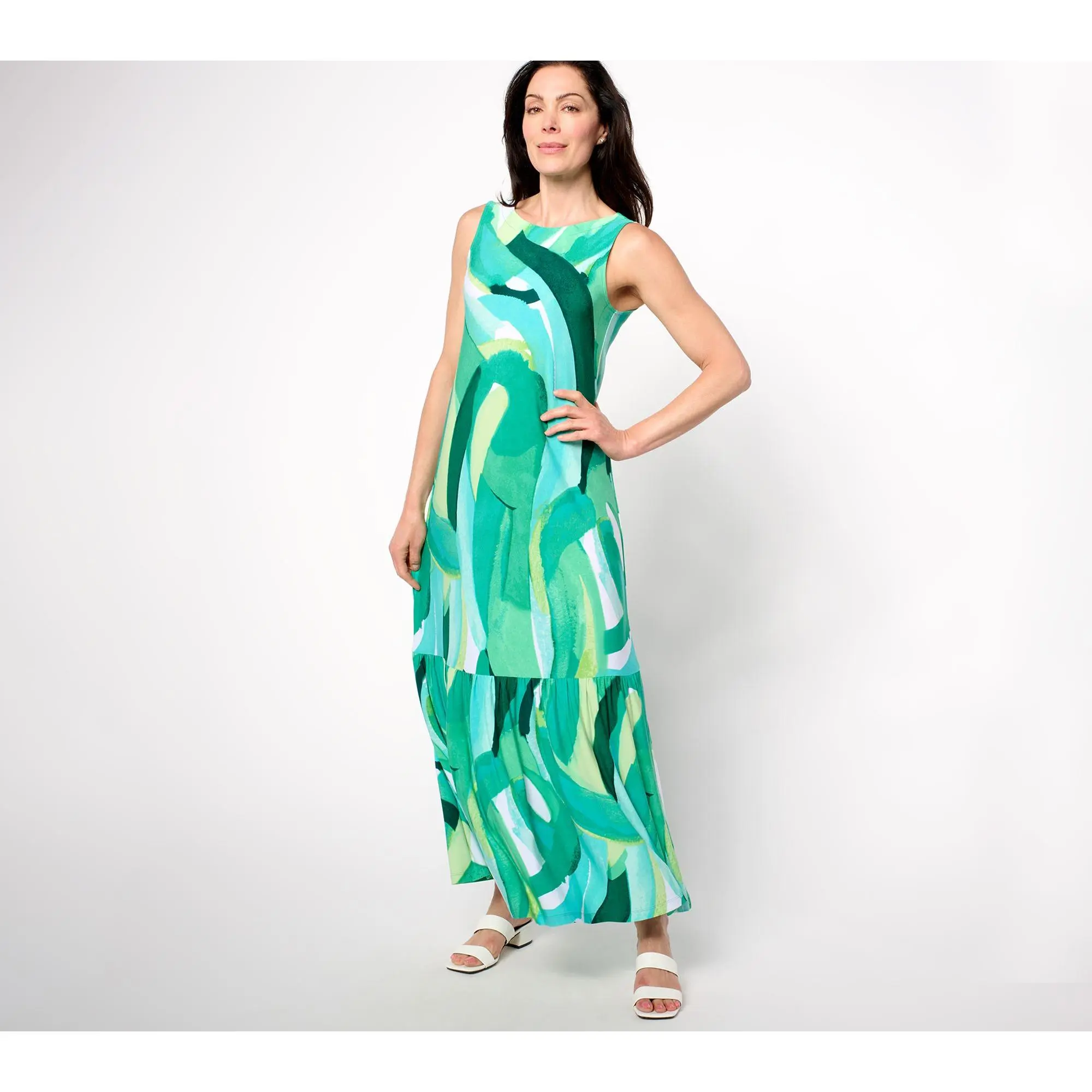 Susan Graver Petite Printed Liquid Knit A-Line Back Tie Maxi Dress