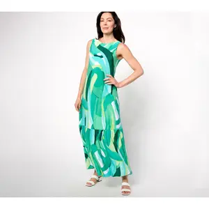 Susan Graver Petite Printed Liquid Knit A-Line Back Tie Maxi Dress