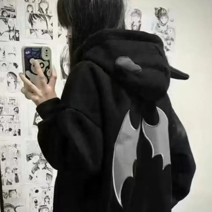 Y2K High Street Women? ?s Hoodie ?C Oversized Vintage Devil Horn Hoodie Jacket, Casual Autumn Winter Open Front Sweatshirt