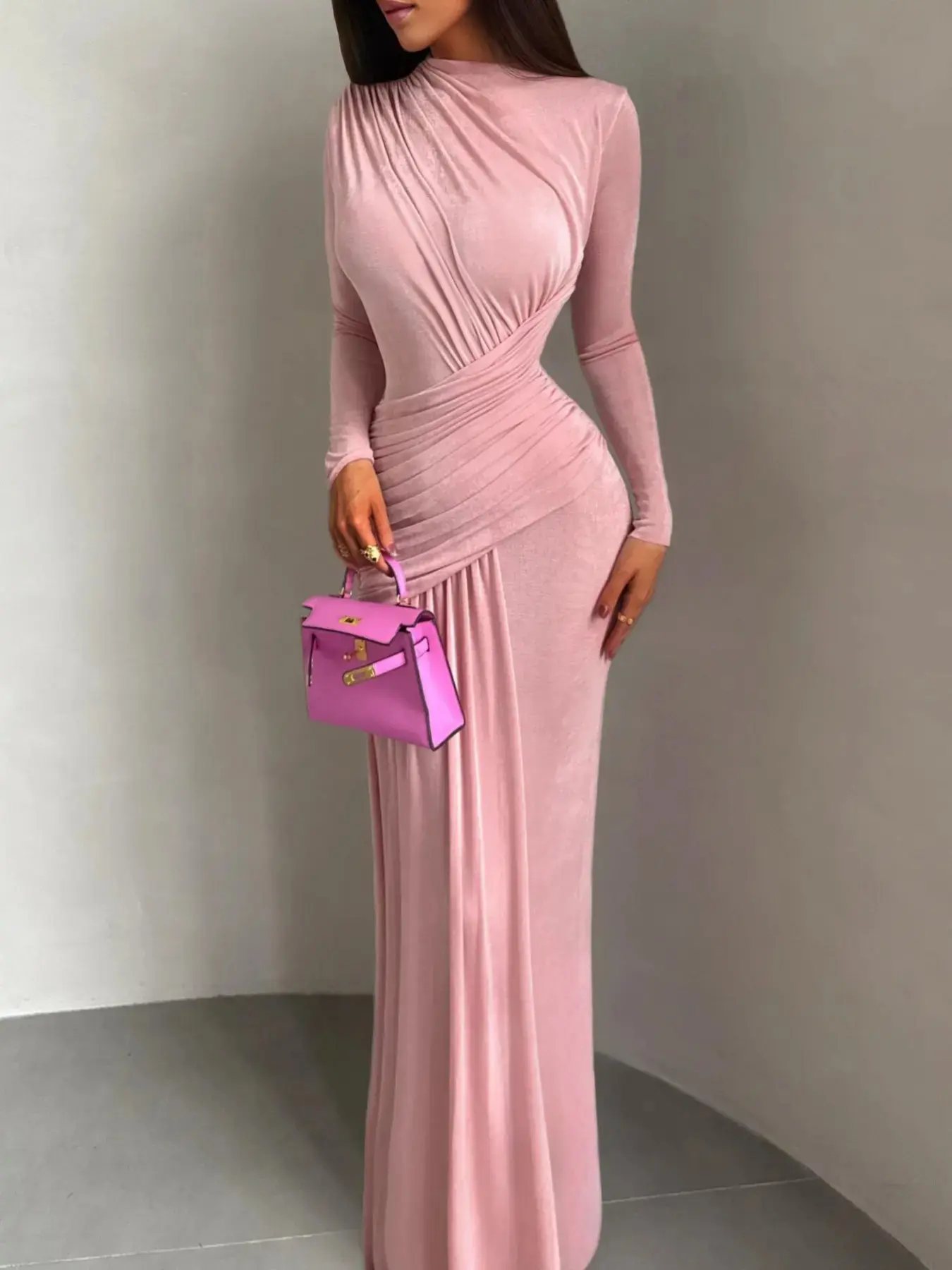 Elegant Chic Women's Pleated Round Neck Long Sleeve Knitting Casual Vintage Maxi Dress Fit, Perfect for Parties and Gatherings, Stylish Formal and Timeless Fashion, Womenswear, Lady