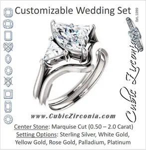 CZ Wedding Set, featuring The Prisma engagement ring (Classic Three-Stone Triangle Accent and Marquise Cut center)
