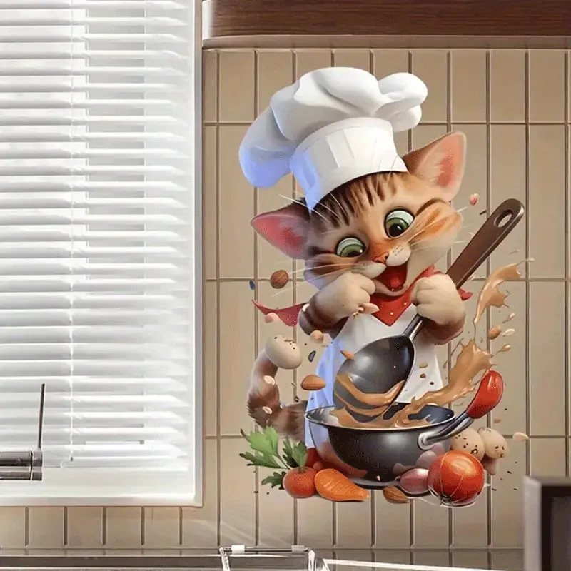 Chef Cat Wall Sticker - Self-Adhesive Removable PVC Kitchen Decor with Whimsical Cartoon Chef Cat Design, Vibrant Colors & Playful Splashes for Refrigerator Door, Home Decoration,  funny stickers Whimsical Design Decorative 30*40*1 Sheet (Without Bag)