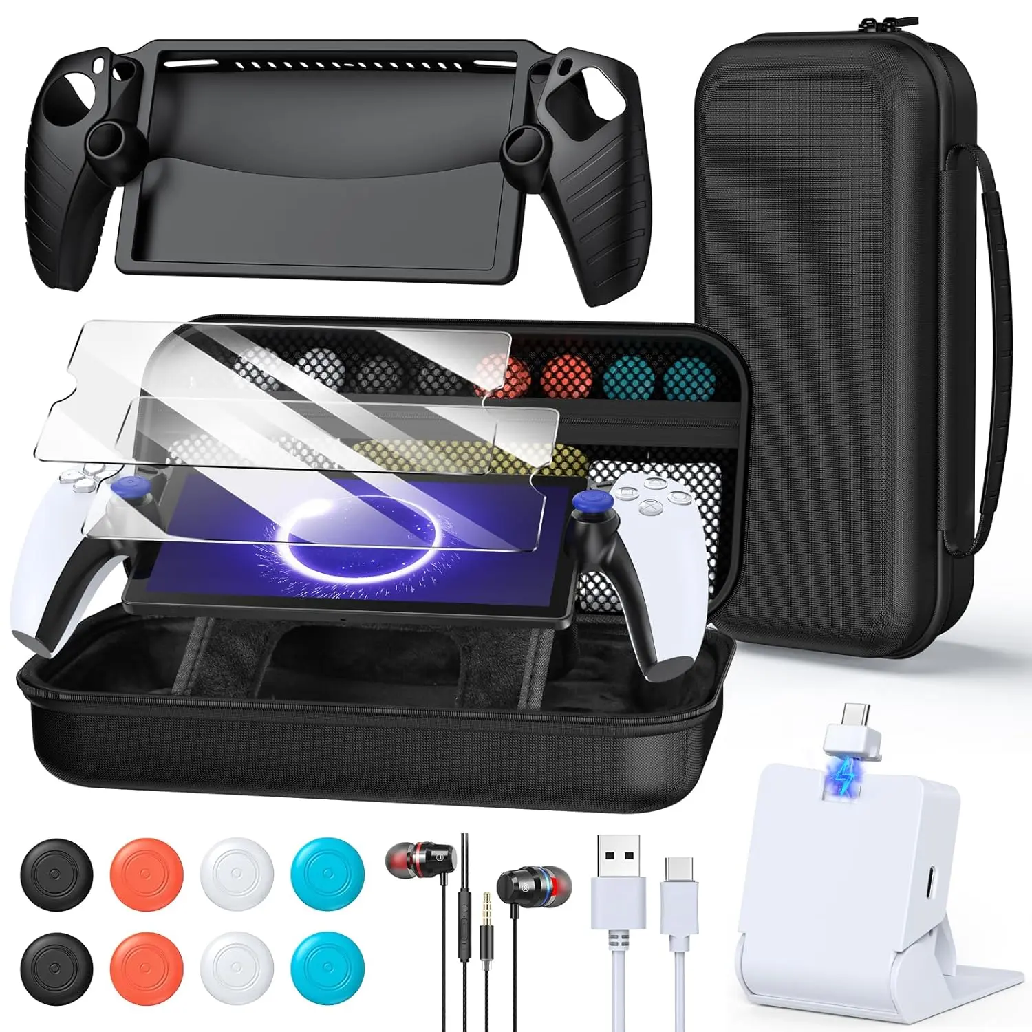 PS5 Portal Handheld Device Accessories Kit - Black Protection Bundle with Carrying Case, Portable Charger, Protective Case, 2 Screen Protectors, Wired Headphone, 8 Thumb Grips, Remote, Stick