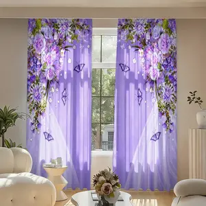2 pieces of dreamy purple floral butterfly printed curtains. Made of polyester. Durable and easy to clean. Suitable for bedroom and living room decoration. Home decoration living room curtains Window Curtain.