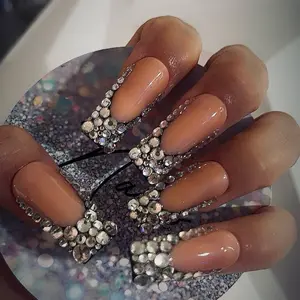 Rhinestones Handmade Press On Nails Set of 10 - Durable Design with Colorful Rhinestones acrylic fake flower pattern long square false nail 3D Press-On