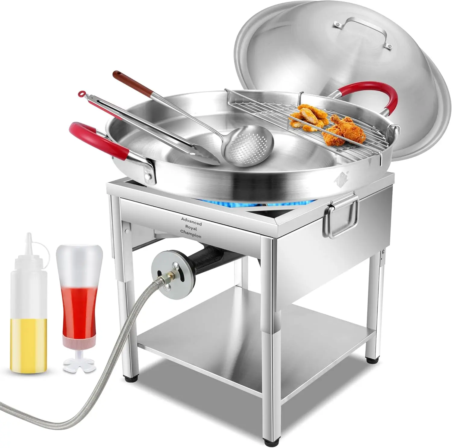 ARC 200,000 BTU Single Burner Stove with 20" 7Pcs Comal Discada Set，Outdoor Cooking Combo，Large Stainless Steel Griddle Pan for Frying Boiling Camping,Domed Lid, Cooking Rack, Tongs