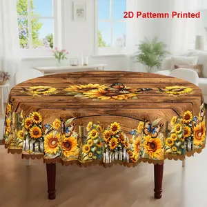 1pc, Spring Summer Themed Party Tablecloth, Vintage Butterfly Sunflower Floral Country Style Printed Design, Rectangular/Round/Oval Table Cloth, Embossed Edge, Kitchen Dining Outdoor Picnics Dinner Decor Ideal