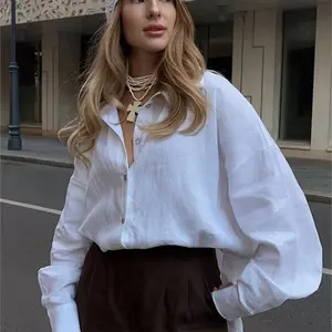 White women's long-sleeved elegant solid color shirt, vintage summer loose basic women's top