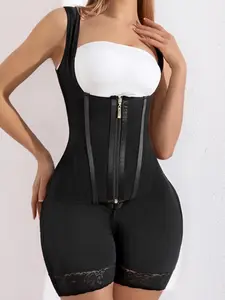 Women's Solid Color U Neck Zipper Shapewear Romper, Tummy Control Shaper, Ladies Shapewear for Daily Wear