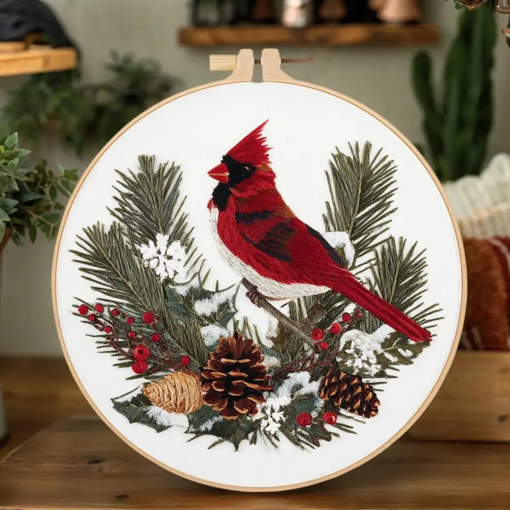 Christmas Cardinal Bird Cross Stitching Kit - DIY Embroidery Design Set with English Guide, Holiday Needlework Supplies, Handicraft Sewing Tools for Handmade Gifting