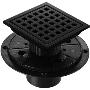 Matte Black 4 inch Square Shower Floor Drain with Flange Removeable Grid Panel SUS 304 Stainless Steel Shower Drain