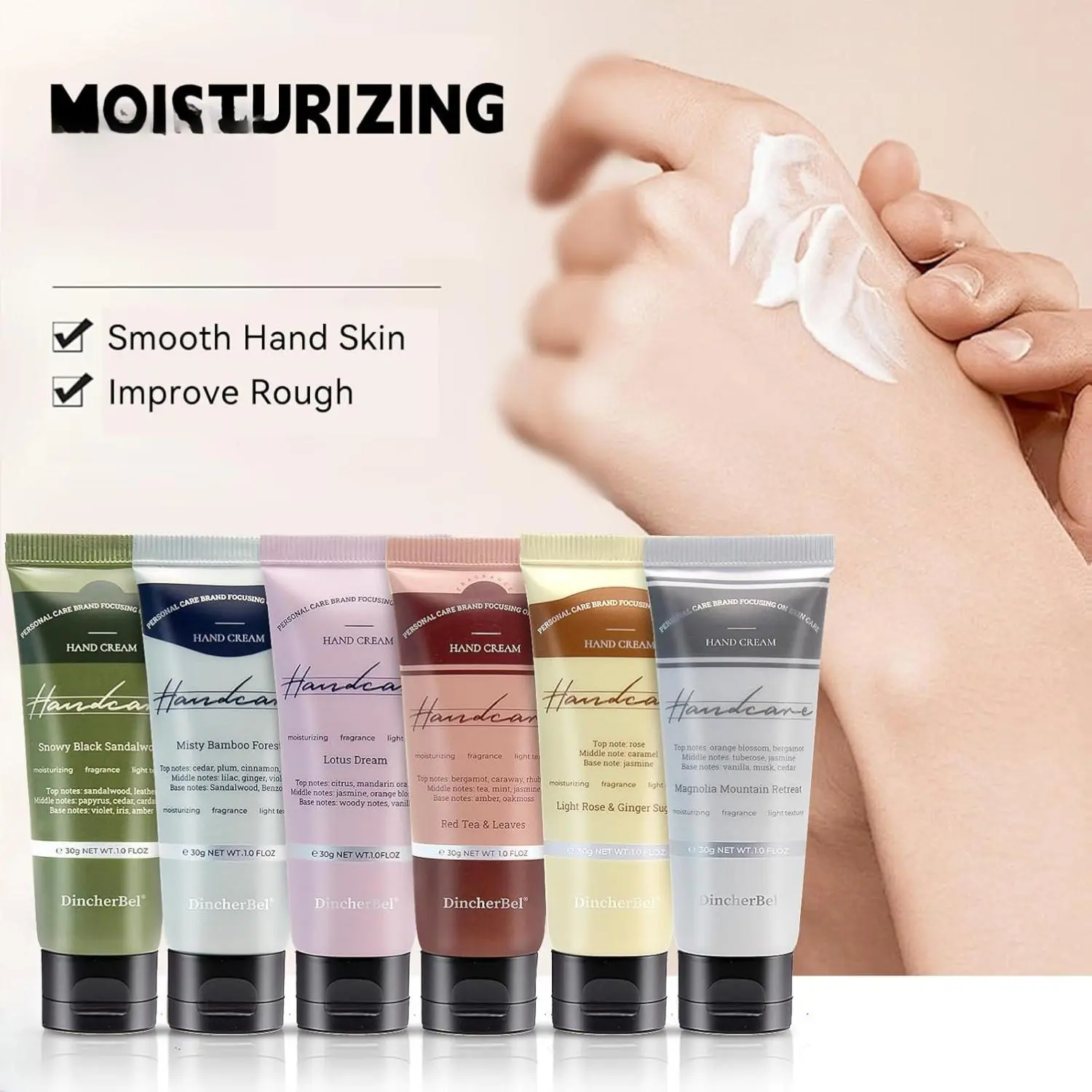DincherBel 6 Pack Travel Size Hand Cream Set - 1 oz Moisturizing Lotion for Dry Cracked Hands, Light Luxury Wooden Scented Hand Lotion Gift for Women, Nurses, Teachers, Bridesmaids Gifts