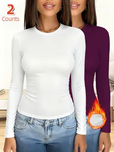 2-Pack Women's Thermal Underwear Tops, Solid Color Classic Crew Neck Long-Sleeve Base Layers for Autumn & Winter - Ideal as Running, Hiking Activewear, Comfortable Base Layer Tees Suitable for Outdoor Activities