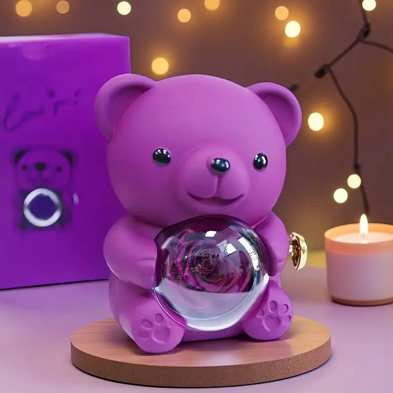 Wegfrue Eternal Love Purple Teddy Bear Set - Preserved Rose, Necklace, Elegant Storage Box - Anniversary Gifts for Female Adults, Mom & Girlfriend (Gift Sets for Women)